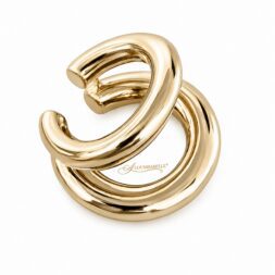Gold double-loop spiral ear cuff earrings in polished metallic gold finish on white background, modern sculptural statement jewelry design without piercing required