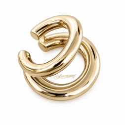 Gold double-loop spiral ear cuff earrings in polished metallic gold finish on white background, modern sculptural statement jewelry design without piercing required