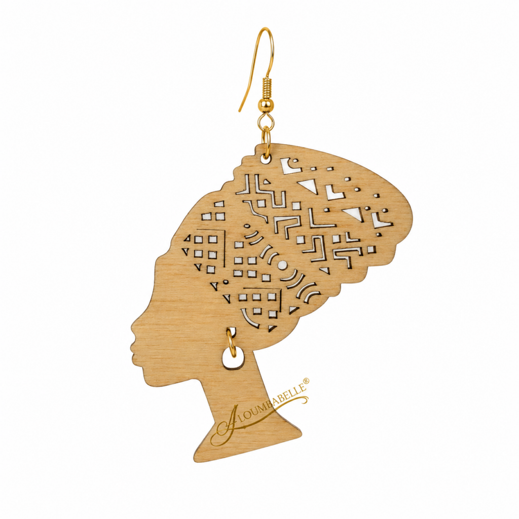 Gold tone wooden African queen silhouette earring with intricate headwrap cutout design on white background