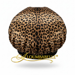 Satin bonnet with leopard print and black band.