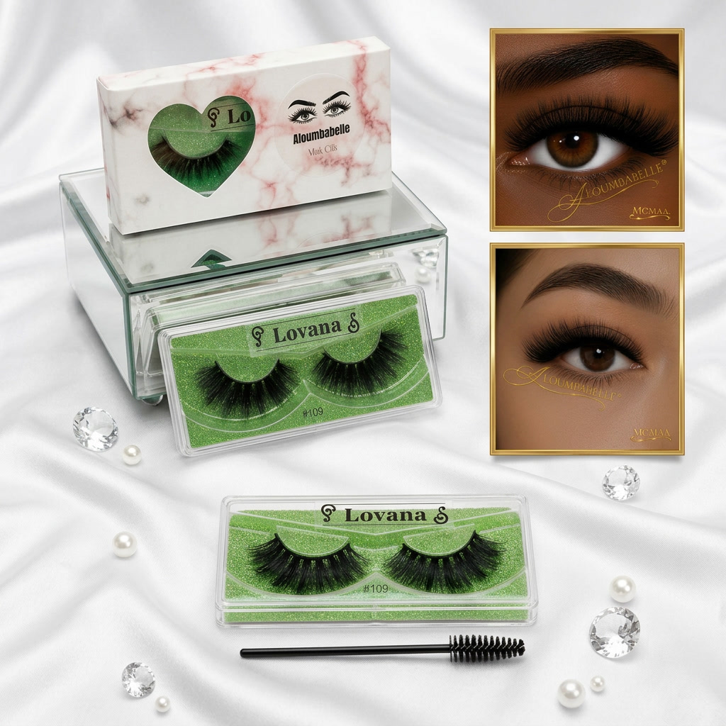 Lovana lash staging display featuring both lash views, spoolie brush, and dramatic false lashes
