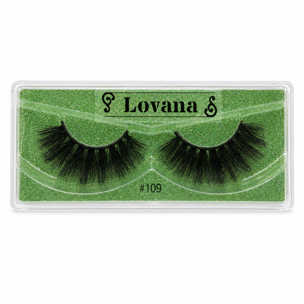 Lovana lash style 109 displayed in green glitter lash tray