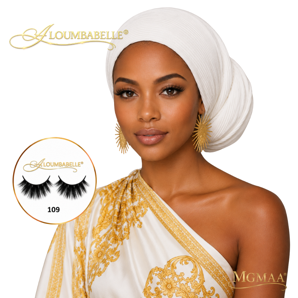 Model wearing Lovana lash style 109 with white and gold dress and protective watermark logo