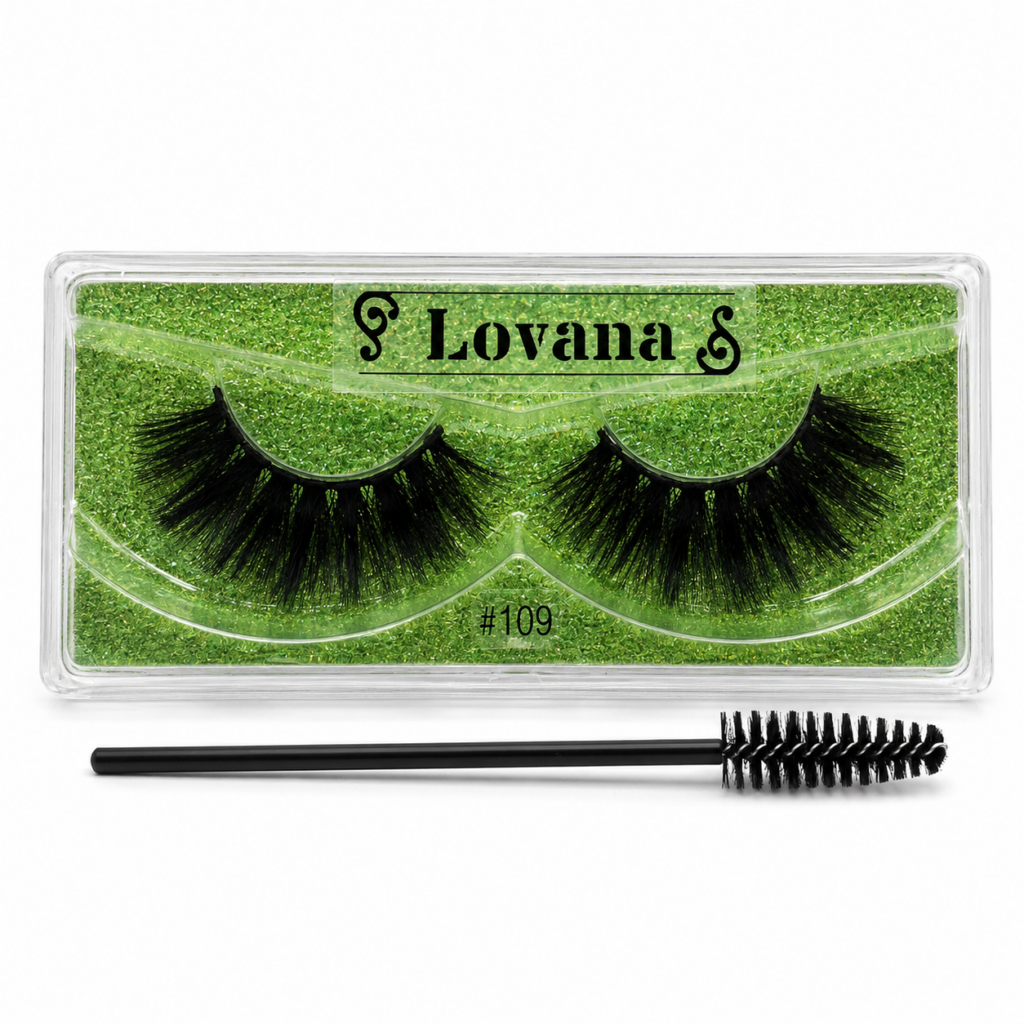 Lovana lash style 109 displayed in green glitter lash tray with spoolie brush