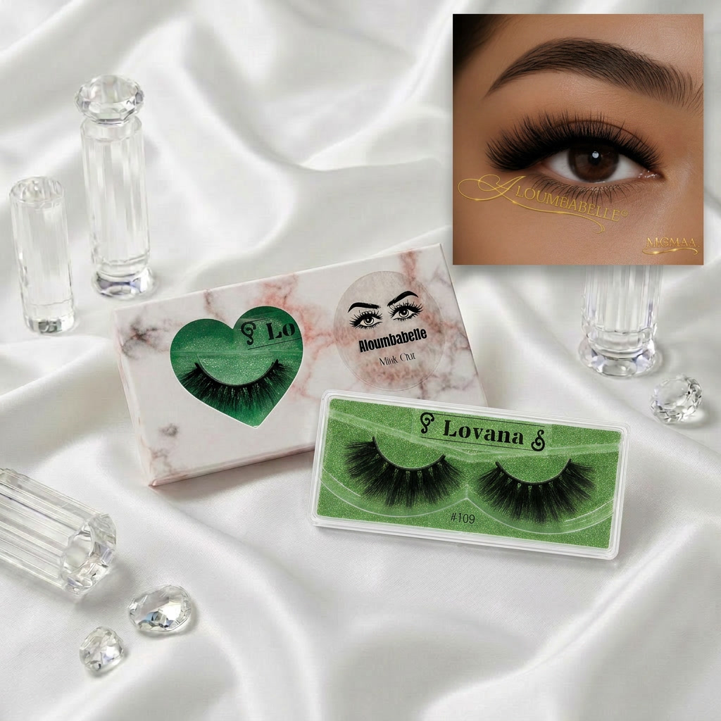 Lovana lash staging display with left eye dramatic false lashes and protective watermark logo