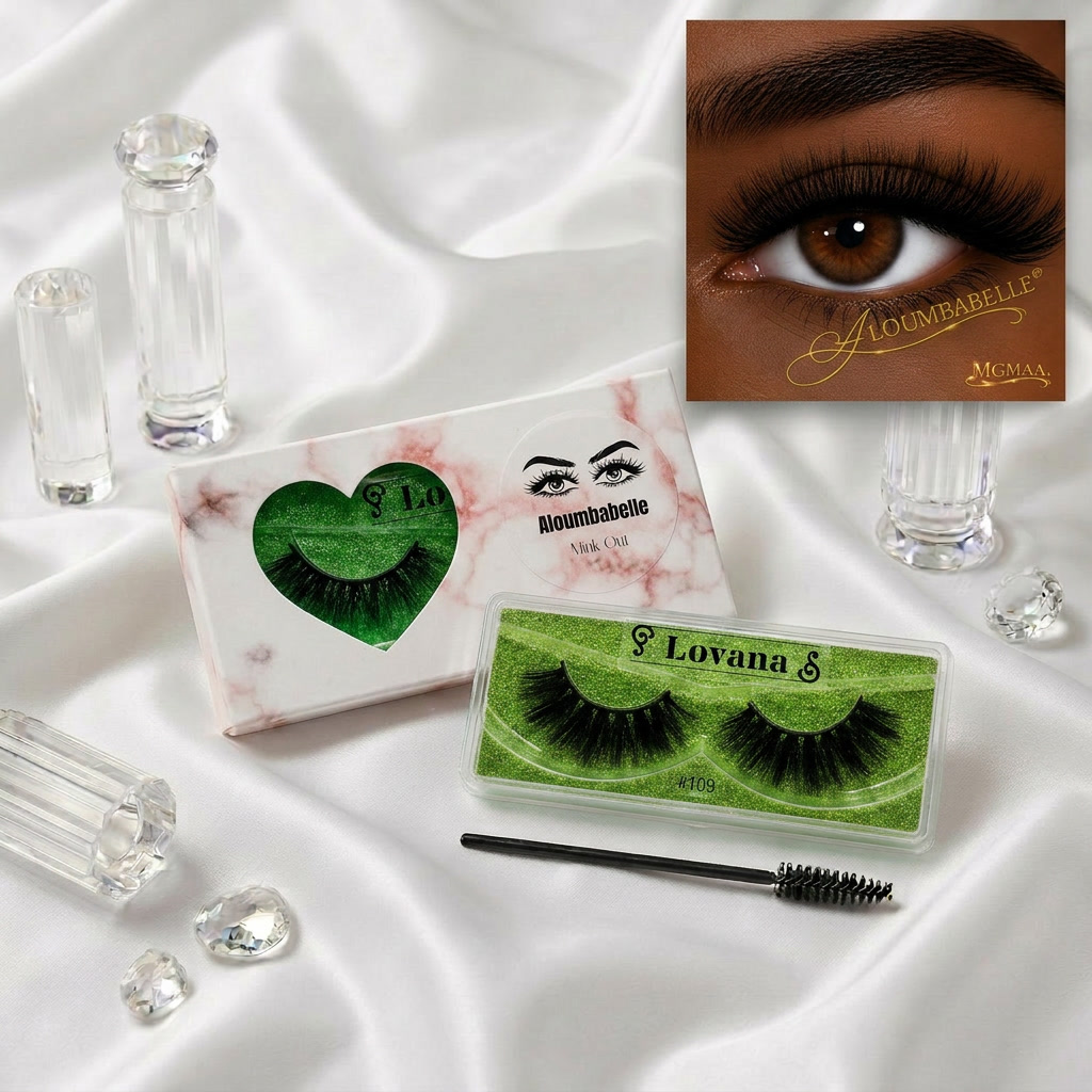 Lovana lash staging display with right eye dramatic false lashes, spoolie brush, and protective watermark logo