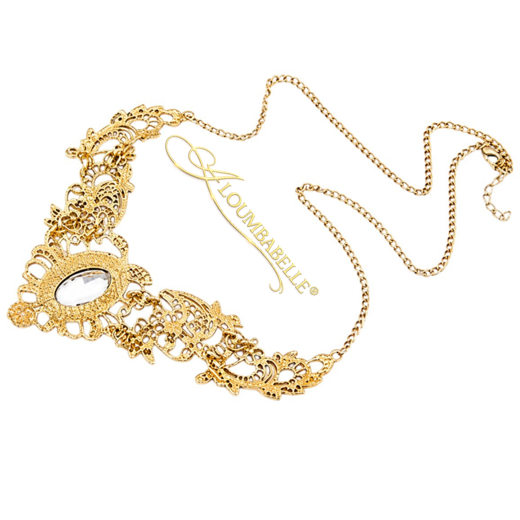 Back view of luxury gold filigree necklace with adjustable chain on white background
