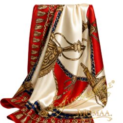Luxury satin scarf with red, cream, blue, and gold decorative print design and protective watermark logos