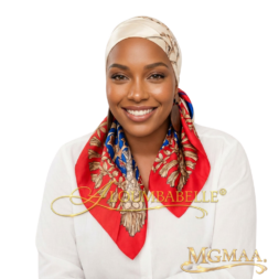 Model wearing multicolor satin scarf with red, blue, gold, and cream pattern, white blouse, and protective watermark logos