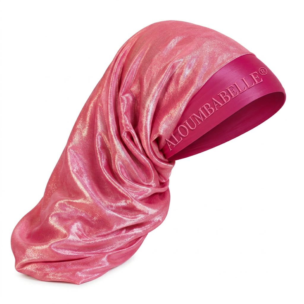Ghost mannequin displaying a pink shimmer bonnet; ALOUMBABELLE visible as protective image branding and not confirmed as part of the physical bonnet design