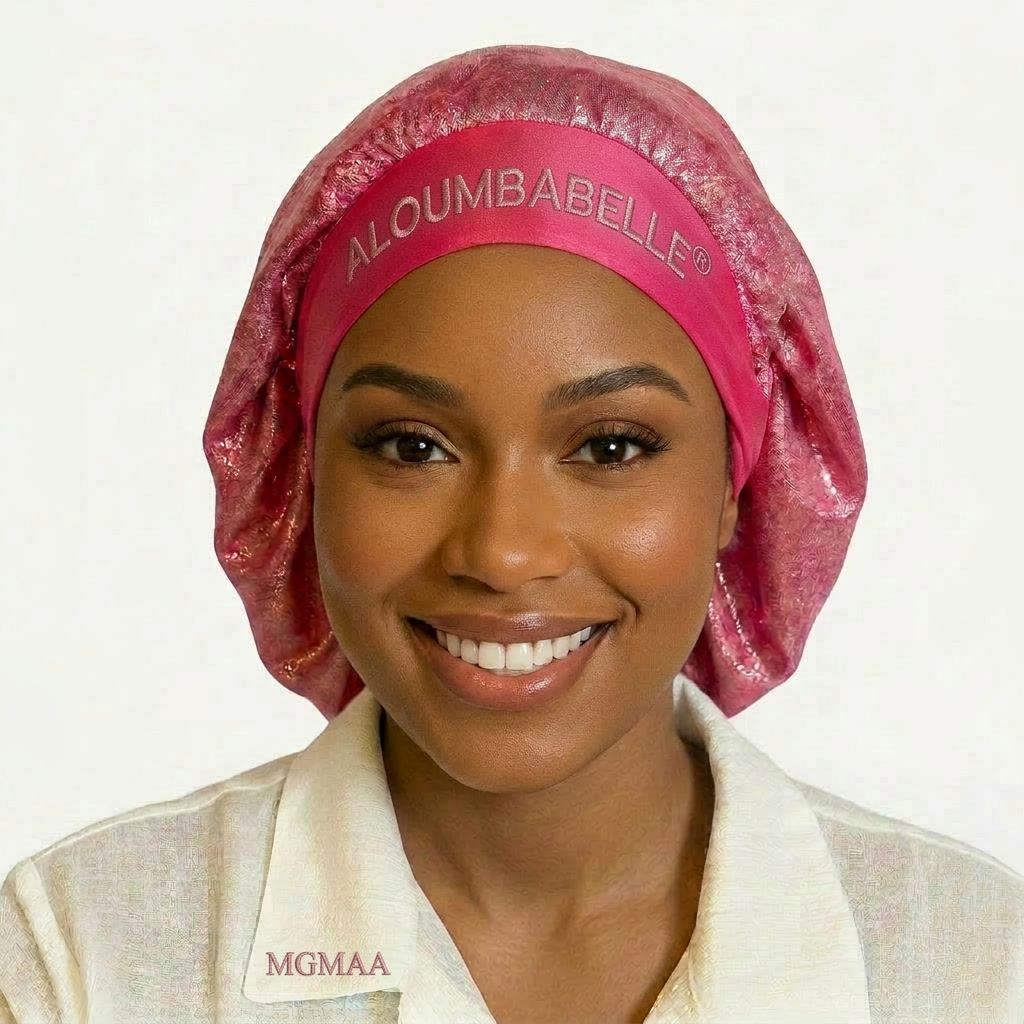 Model wearing a pink shimmer bonnet; ALOUMBABELLE visible as protective image branding and MGMAA visible as a protective watermark, not product features