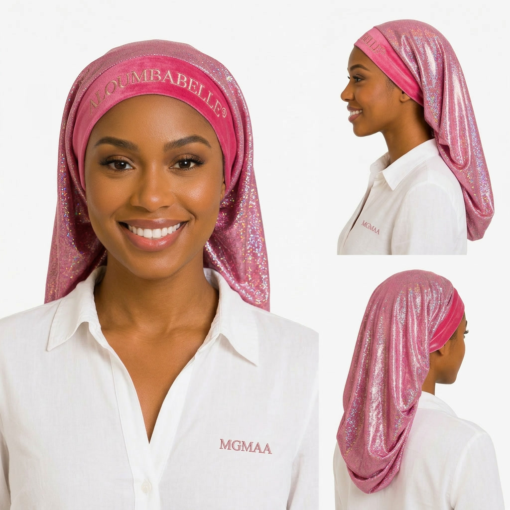 Three-image collage featuring a model wearing a pink shimmer long bonnet; ALOUMBABELLE visible as protective image branding and MGMAA visible as a protective watermark, not product features