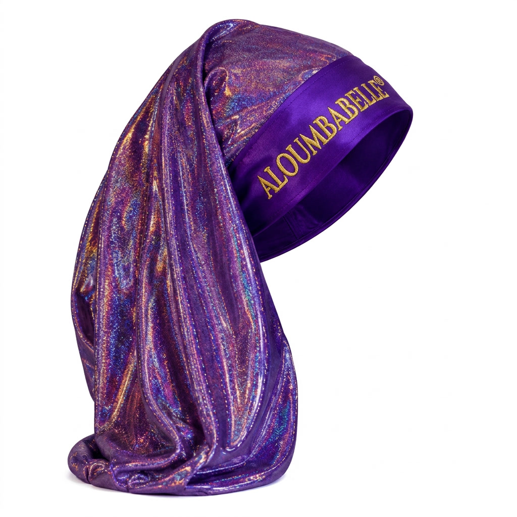 Ghost mannequin displaying a purple shimmer bonnet with a purple satin band; ALOUMBABELLE visible as protective image branding and not confirmed as part of the physical bonnet design