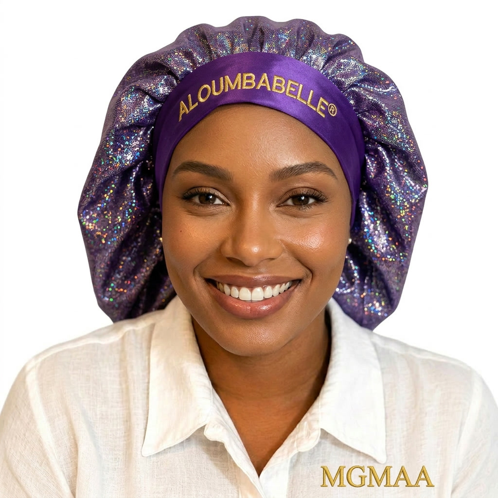 Model wearing a purple shimmer bonnet with a purple satin band; ALOUMBABELLE visible as protective branding on the image and MGMAA visible as a protective watermark