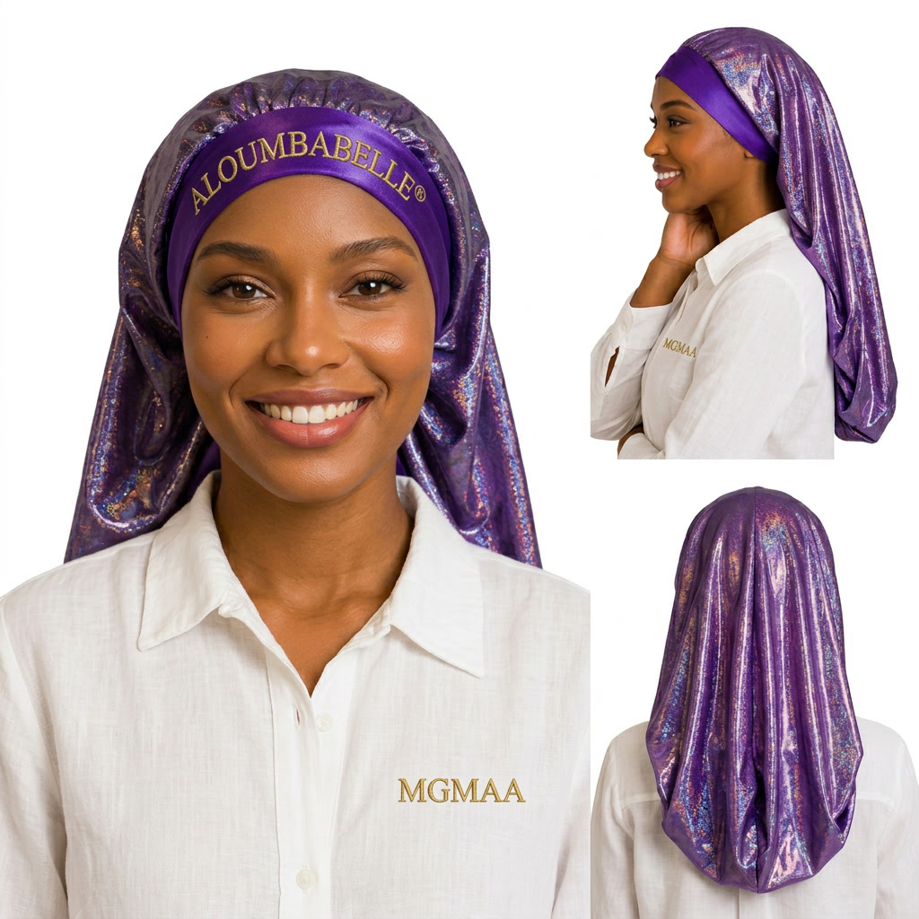 Three-image collage featuring a model wearing a purple shimmer long bonnet; ALOUMBABELLE visible as protective image branding and MGMAA visible as a protective watermark, not product features