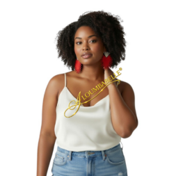 Black woman model wearing red palm statement earrings with textured fan design on white background