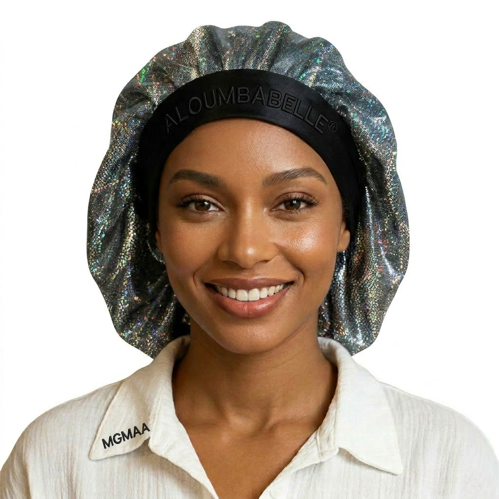 Model wearing a silver shimmer bonnet with a black satin band; ALOUMBABELLE visible as protective image branding and MGMAA visible as a protective watermark, not product features