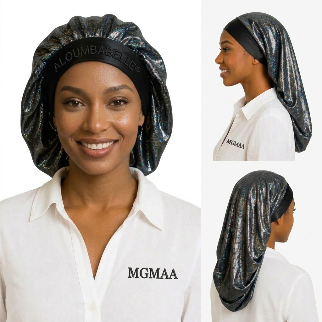 Three-image collage featuring a model wearing a silver shimmer bonnet with a black satin band; ALOUMBABELLE visible as protective image branding and MGMAA visible as a protective watermark, not product features