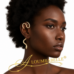 Elegant gold snake ear cuff and dangling snake earrings on Black female model with ALOUMBABELLE® luxury watermark