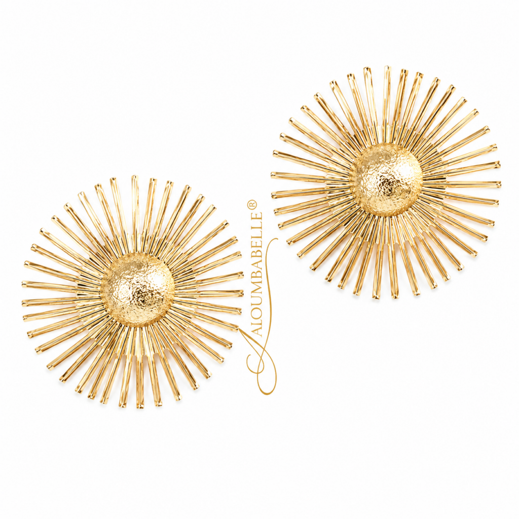 AloumbaBelle Sunflower Geometric Earrings in gold with bold geometric sunburst design.