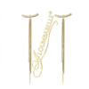 Gold long drop chain earrings with curved top bar and cascading chains