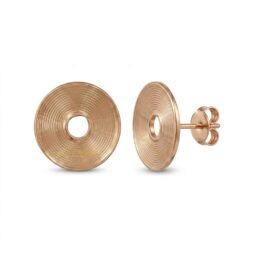 Gold tone circular statement earrings displayed on white background with ALOUMBABELLE® logo added for image protection purposes only