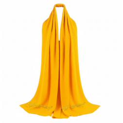 Versatile yellow cotton crinkle scarf with protective watermark logos on white background