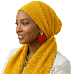 Model wearing yellow crinkle head wrap scarf with white blouse, red statement earrings, and protective watermark logos