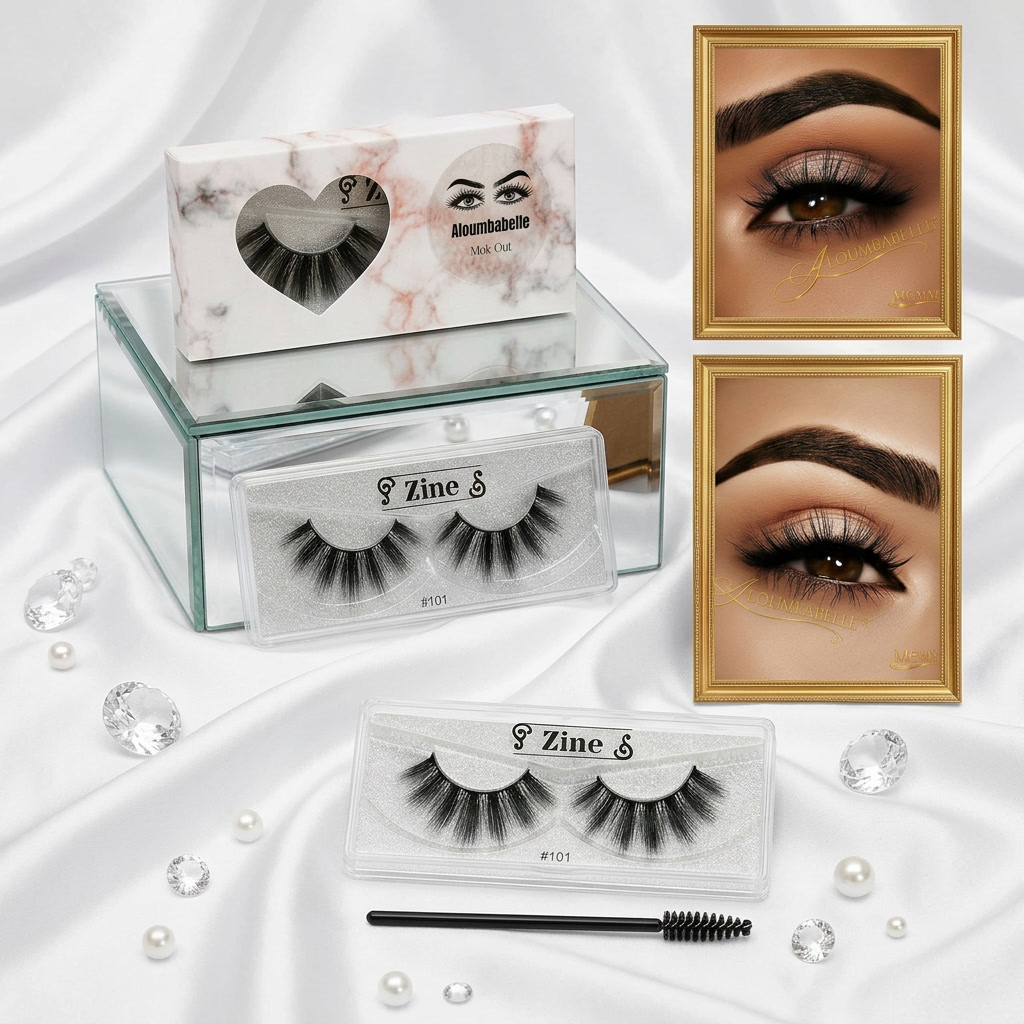 Zine lash staging display featuring both lash views, spoolie brush, and dramatic false lashes