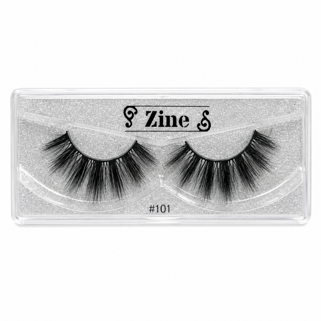 Zine lash style 101 displayed in silver glitter lash tray