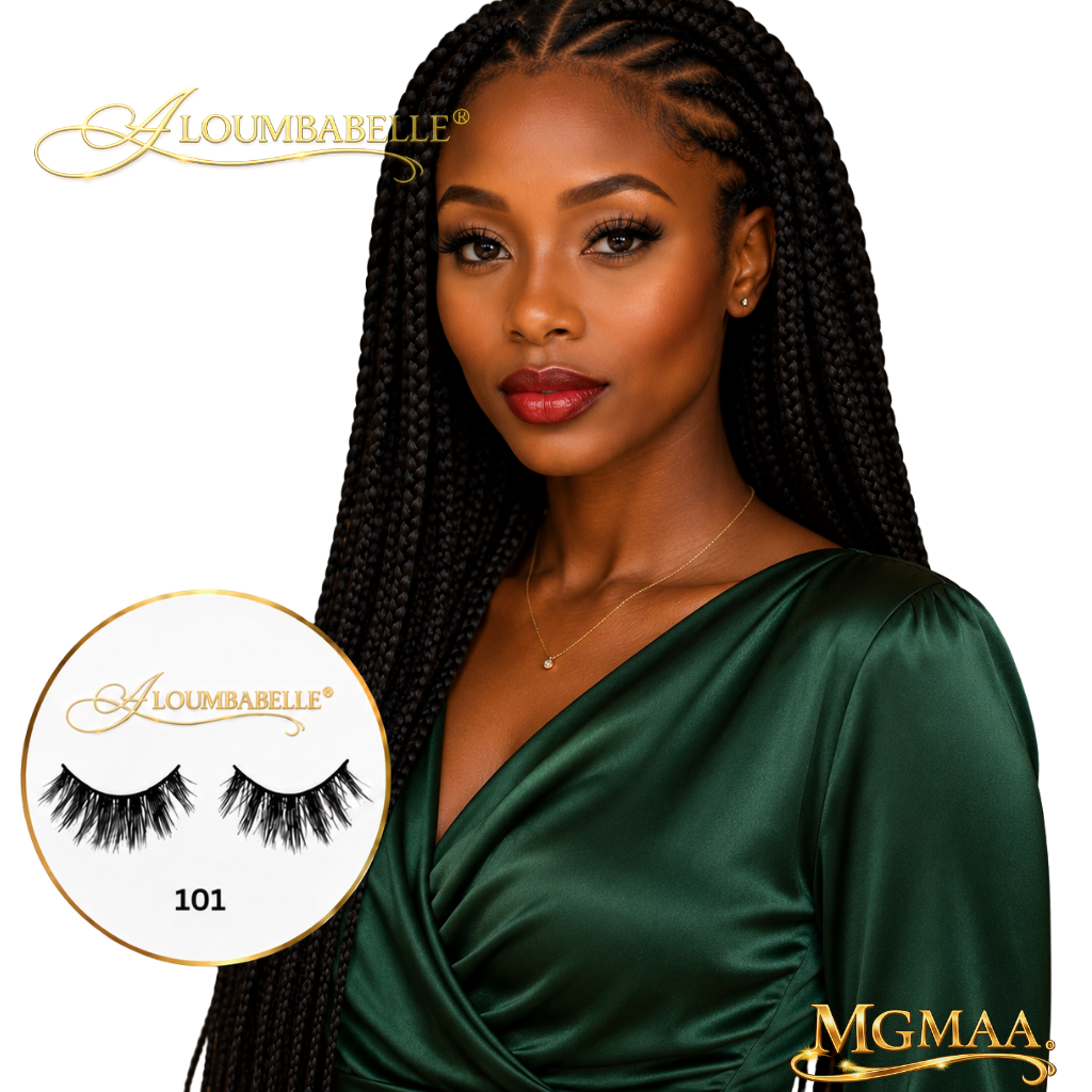 Model wearing Zine lash style 101 with emerald green satin dress and protective watermark logo