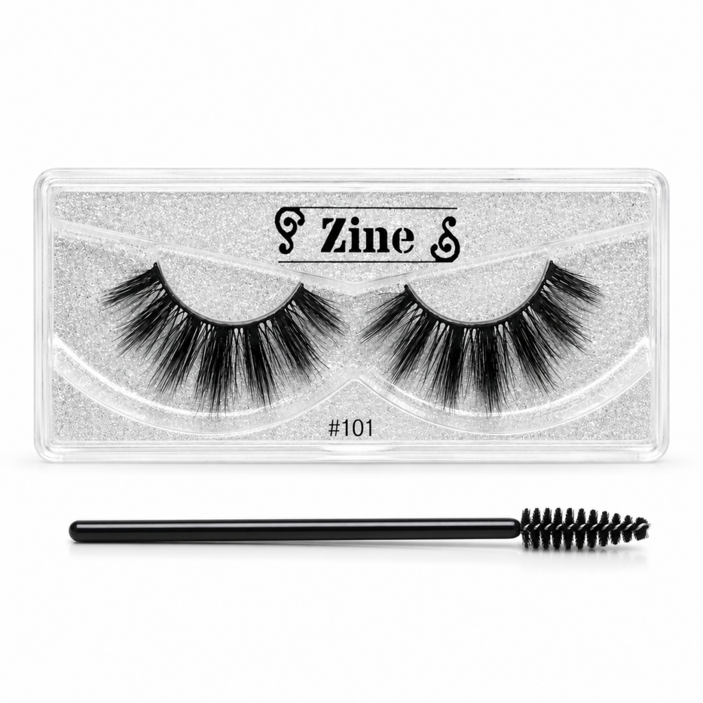 Zine lash style 101 displayed in silver glitter lash tray with spoolie brush