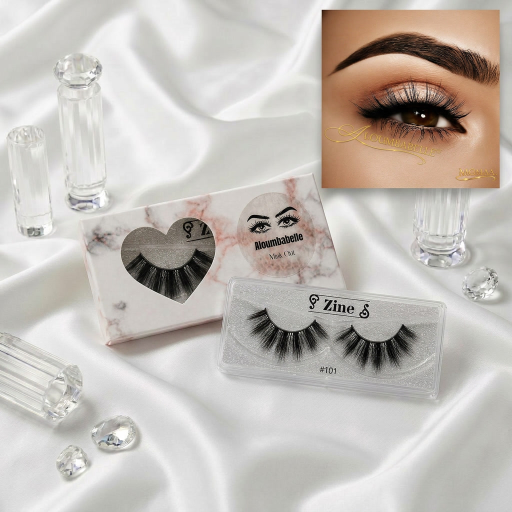 Zine lash staging display with left eye dramatic false lashes and protective