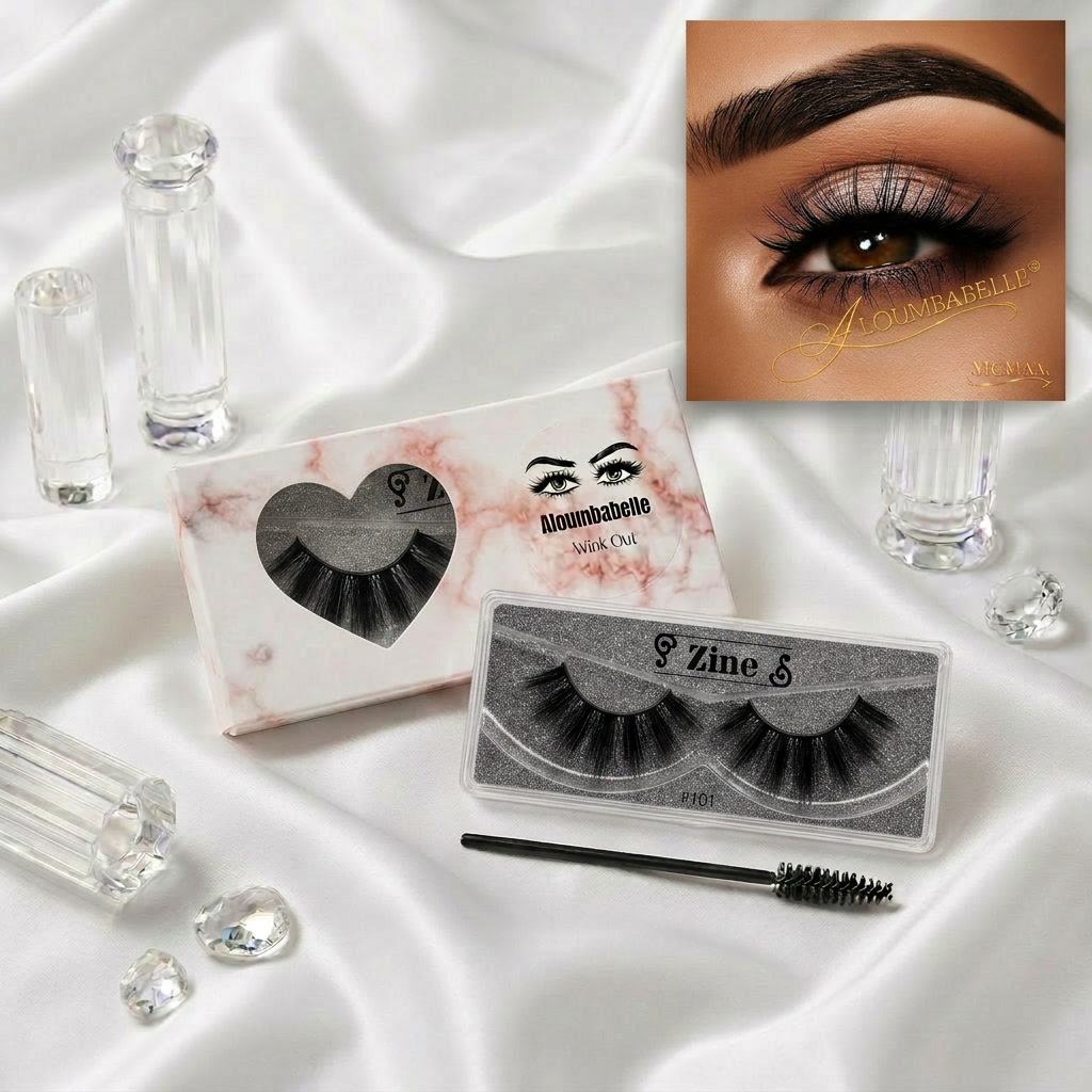 Zine lash staging display with right eye dramatic false lashes, spoolie brush, and protective watermark logo