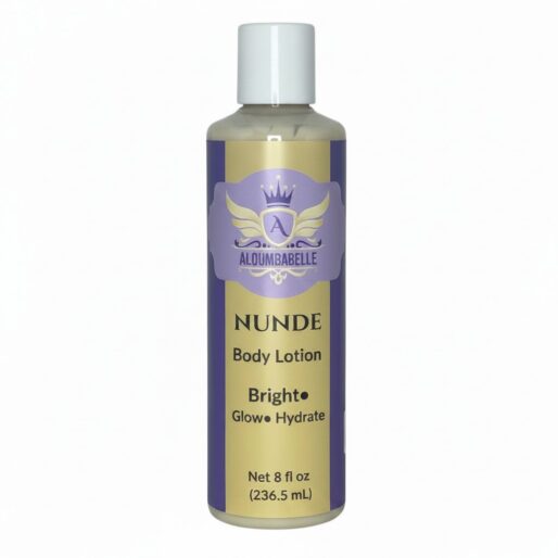 Front view of Aloumbabelle Nunde Body Lotion bottle on a white background