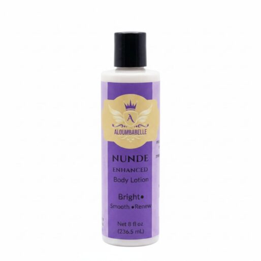 Front view of Aloumbabelle Nunde Enhanced Body Lotion bottle on a white background