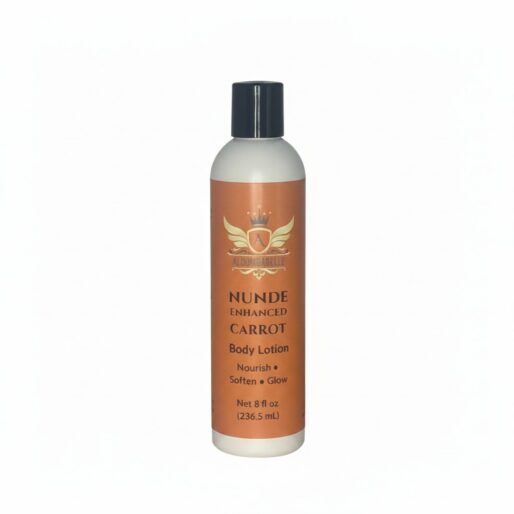 Front view of Aloumbabelle Nunde Enhanced Carrot Body Lotion 8 oz bottle on a white background