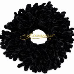 Black volumizer scrunchie with textured ruffle design; ALOUMBABELLE visible as protective image branding and not part of the physical scrunchie design