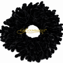 Black volumizer scrunchie with textured ruffle design; ALOUMBABELLE visible as protective image branding and not part of the physical scrunchie design