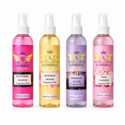 Four Aloumbabelle 8 oz fragrance mist sprays in Daytime Bloom, Blossom Hours, Midnight Allure, and Pink Whisper.