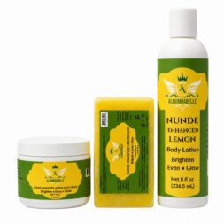 Nunde Enhanced Lemon Brightening Set featuring a 4 fl oz face cream jar, lemon soap bar, and 8 fl oz body lotion on a white background.