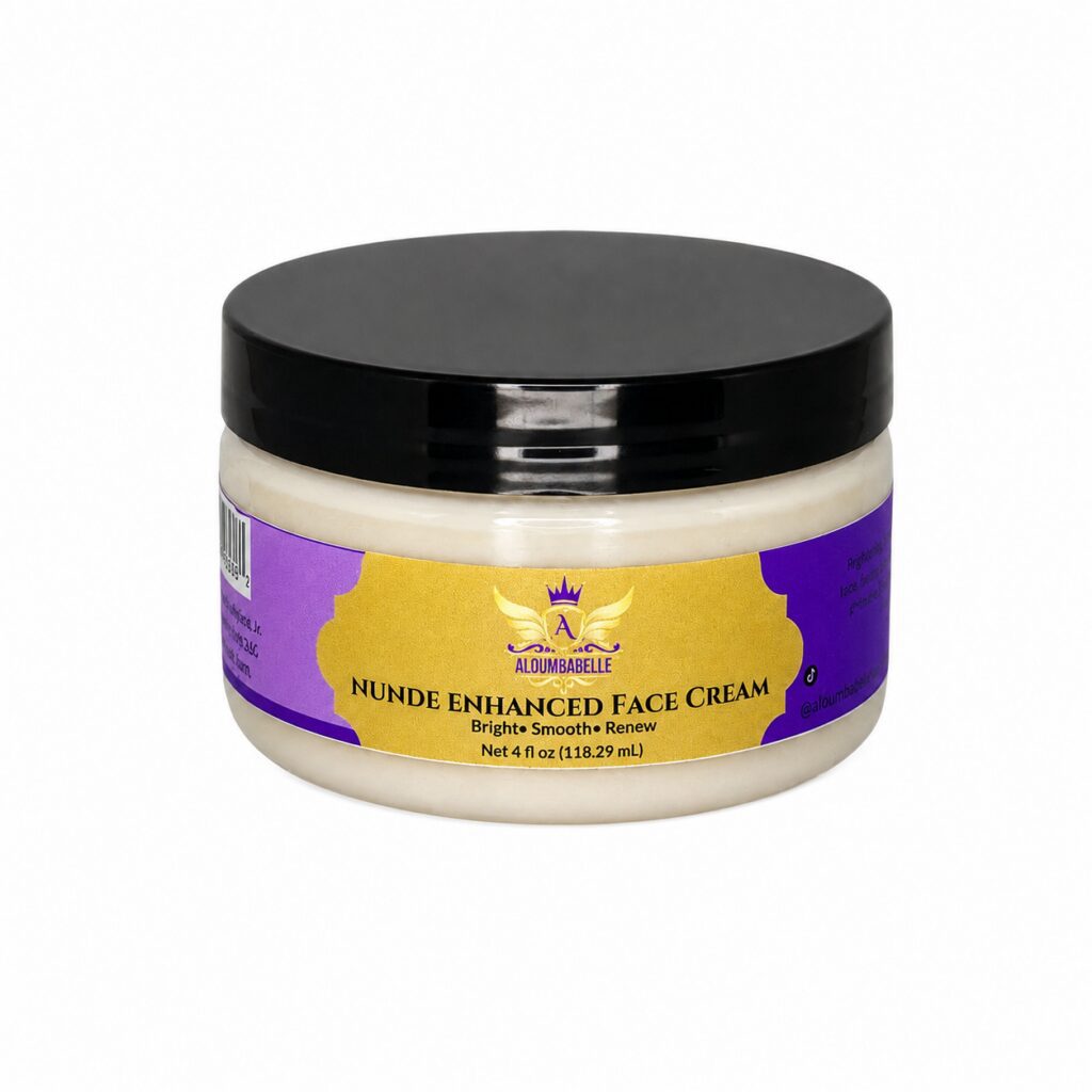 Nunde Enhanced Face Cream 4 fl oz Nunde Enhanced Face Cream 4 fl oz jar with purple and gold label and black lid on a white background.