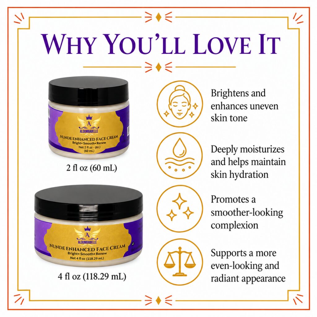 Nunde Enhanced Face Cream Benefits Nunde Enhanced Face Cream benefits graphic highlighting brighter-looking skin, deep moisturization, smoother-looking complexion, and a more even-looking radiant appearance.