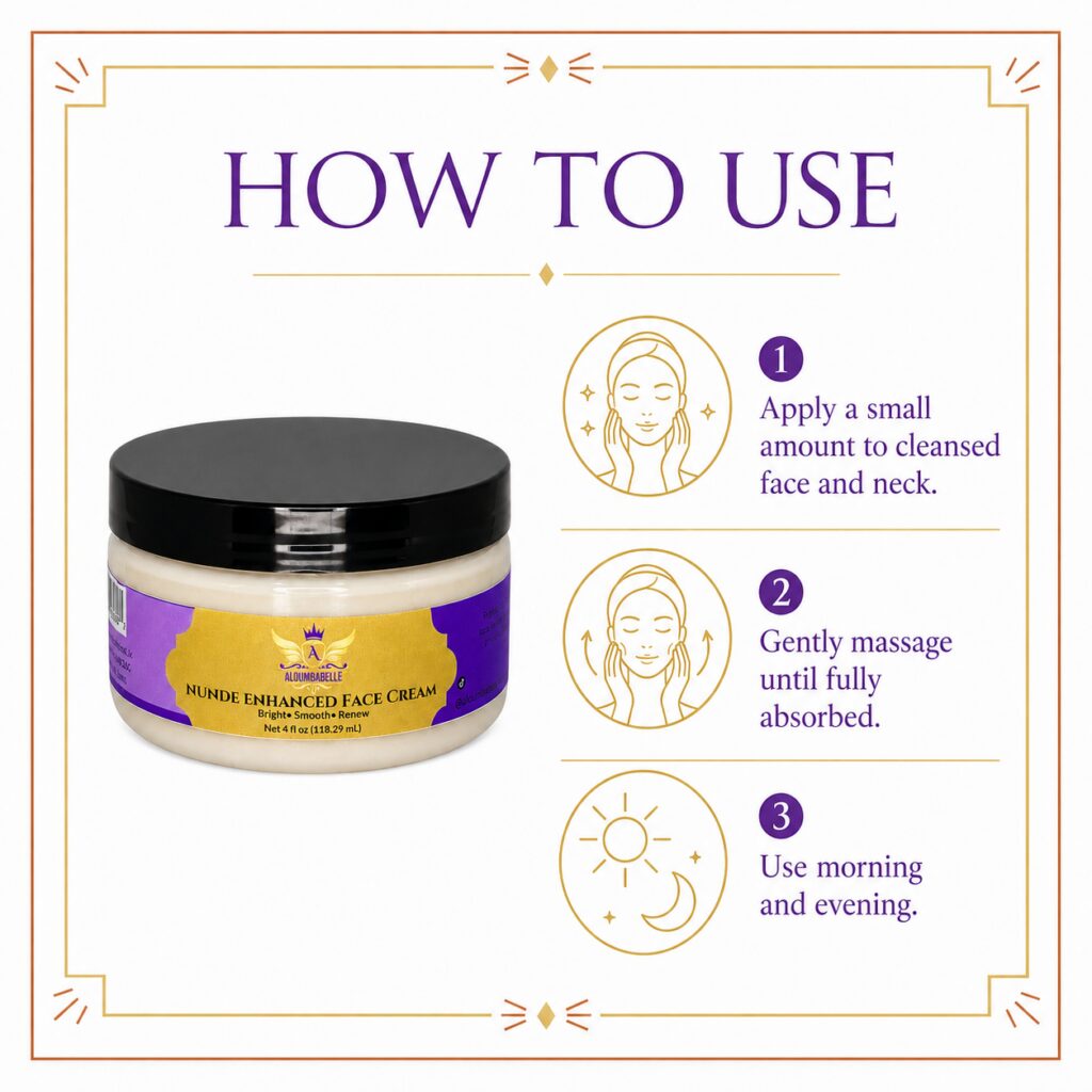 Nunde Enhanced Face Cream How to Use Nunde Enhanced Face Cream how-to-use graphic showing application to cleansed face and neck, gentle massage, and morning and evening use.