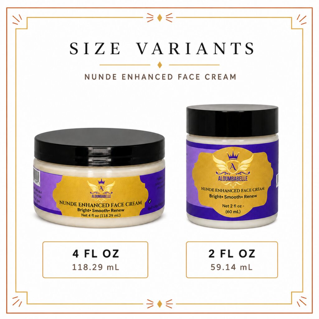 Nunde Enhanced Face Cream Size Variants Nunde Enhanced Face Cream size variants shown in 4 fl oz and 2 fl oz jars.