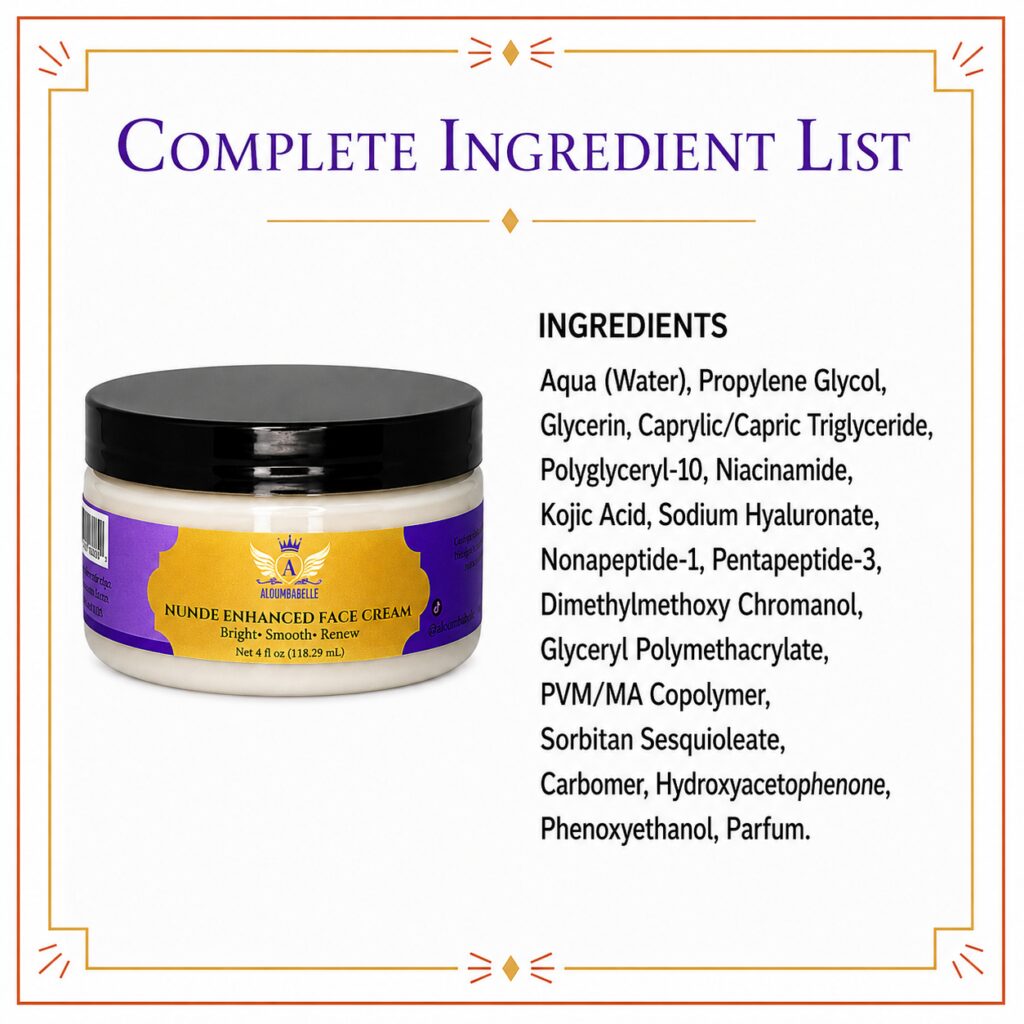 Nunde Enhanced Face Cream Ingredient List Complete ingredient list for Nunde Enhanced Face Cream shown beside the product jar.