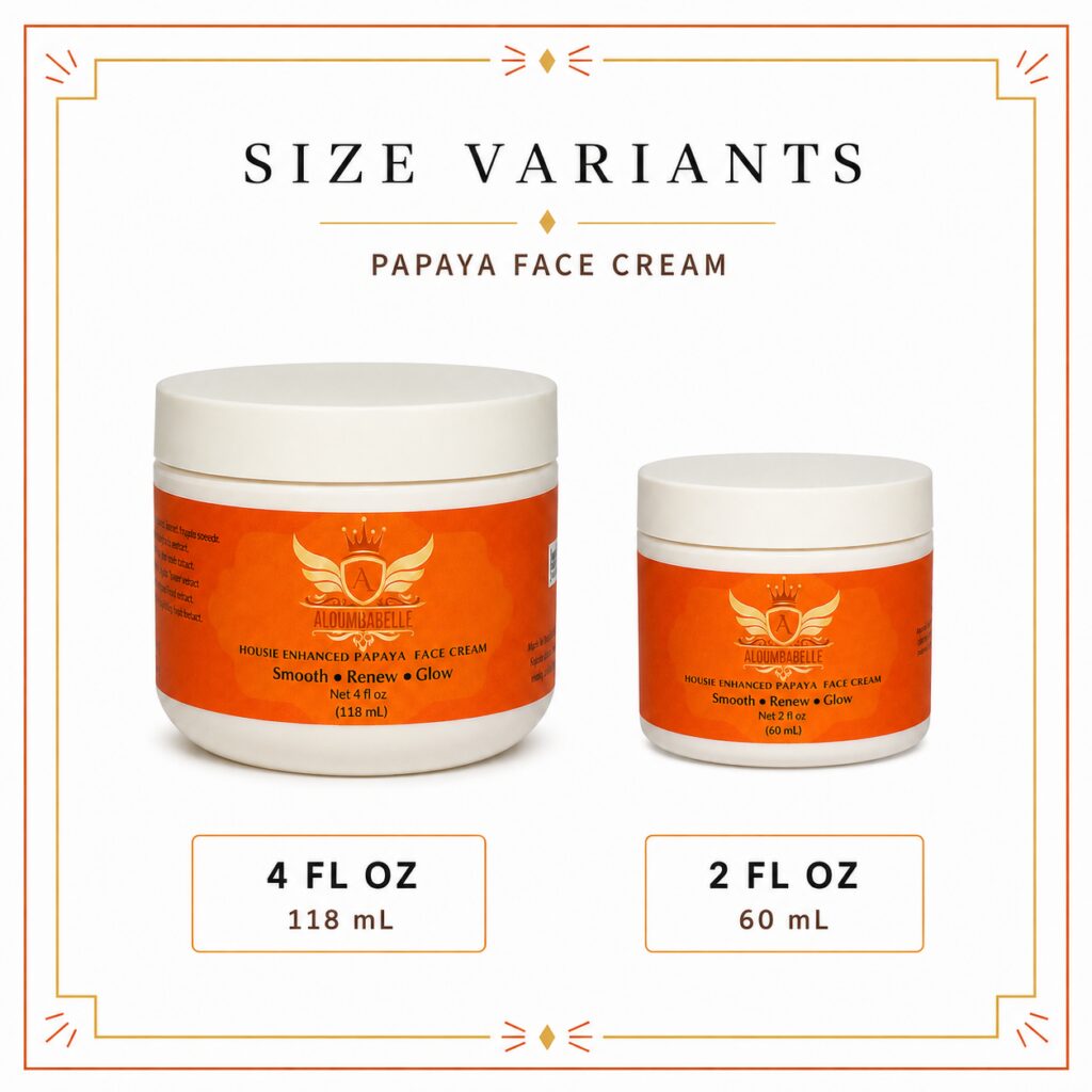 Nunde Enhanced Papaya Face Cream Size Variants Nunde Enhanced Papaya Face Cream size variants shown in 4 fl oz and 2 fl oz jars.