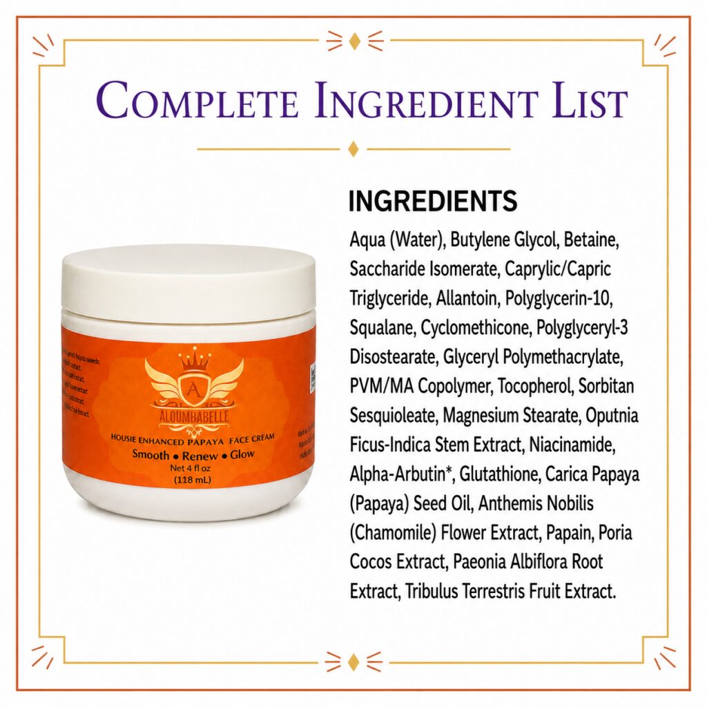 Nunde Enhanced Papaya Face Cream Ingredient List Complete ingredient list for Nunde Enhanced Papaya Face Cream shown beside the product jar.