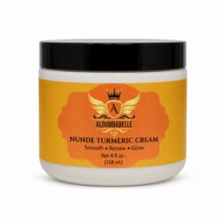 Nunde Turmeric Cream 4 fl oz jar with orange and yellow label and black lid on a white background.