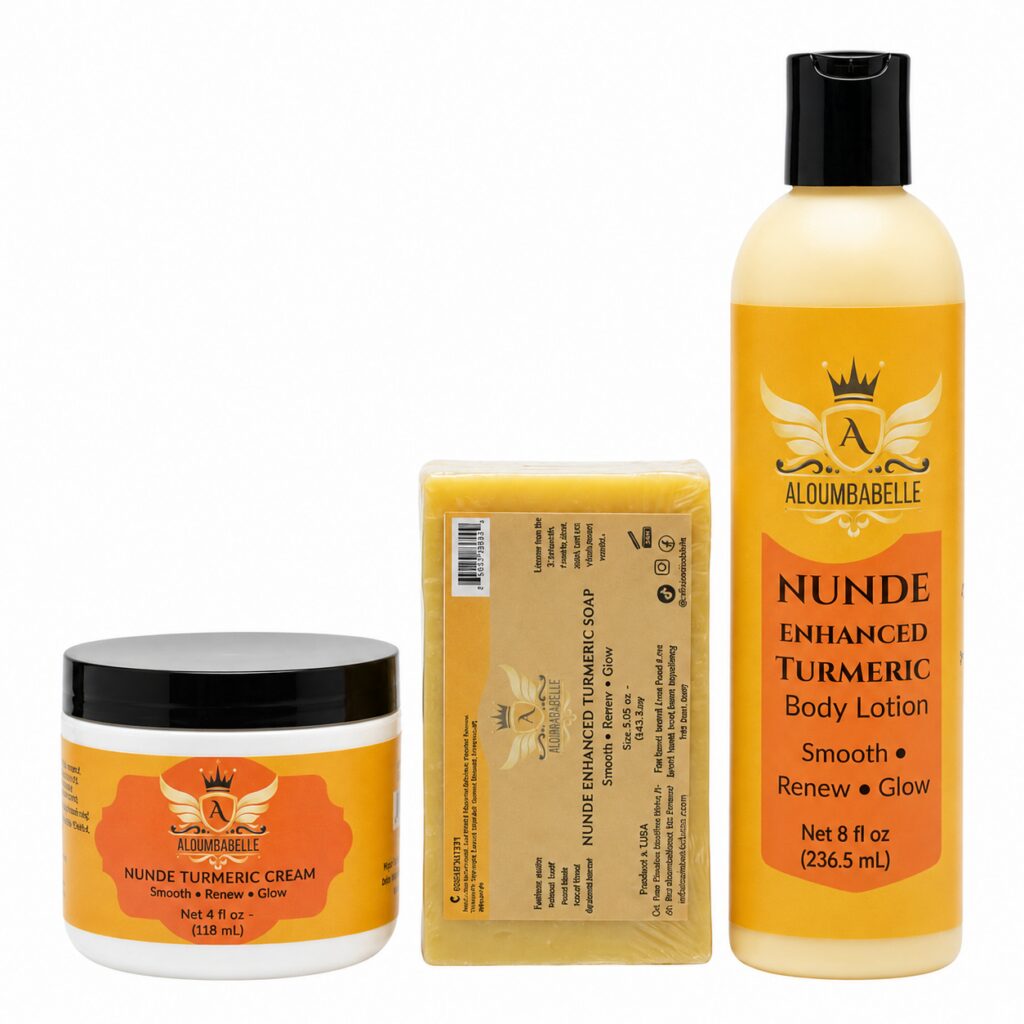 Nunde Enhanced Turmeric Brightening Set 4 fl oz Nunde Enhanced Turmeric Brightening Set featuring a 4 fl oz face cream jar, turmeric soap bar, and 8 fl oz body lotion on a white background.